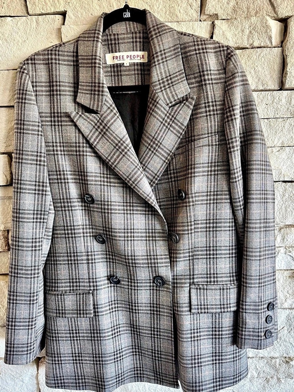 Free People Dean Double-Breasted Blazer Plaid Gray & Black Small